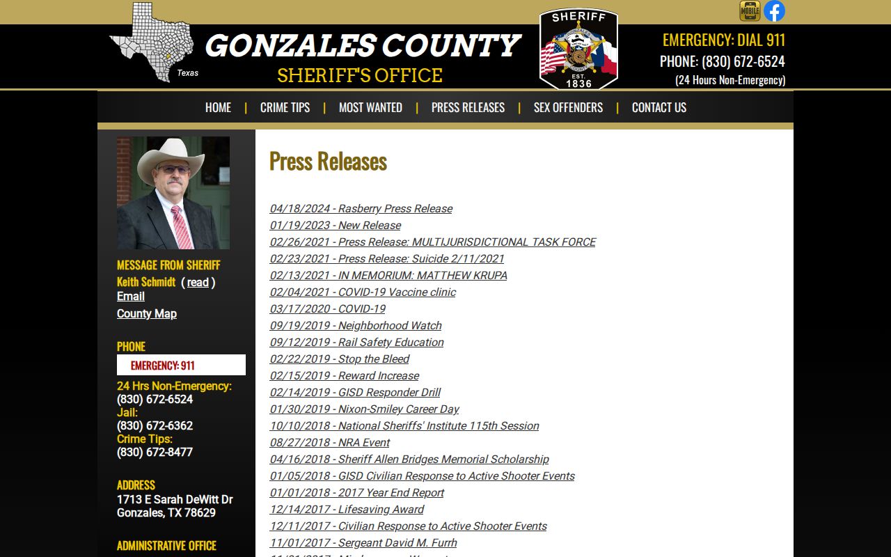 Official Gonzales County arrest and public safety press releases