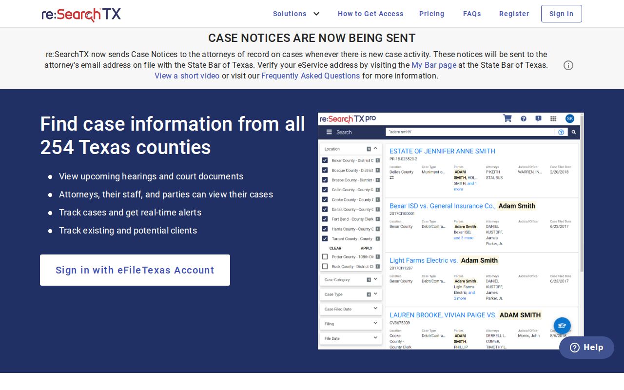 Gonzales County court case lookup on the re:SearchTX interface