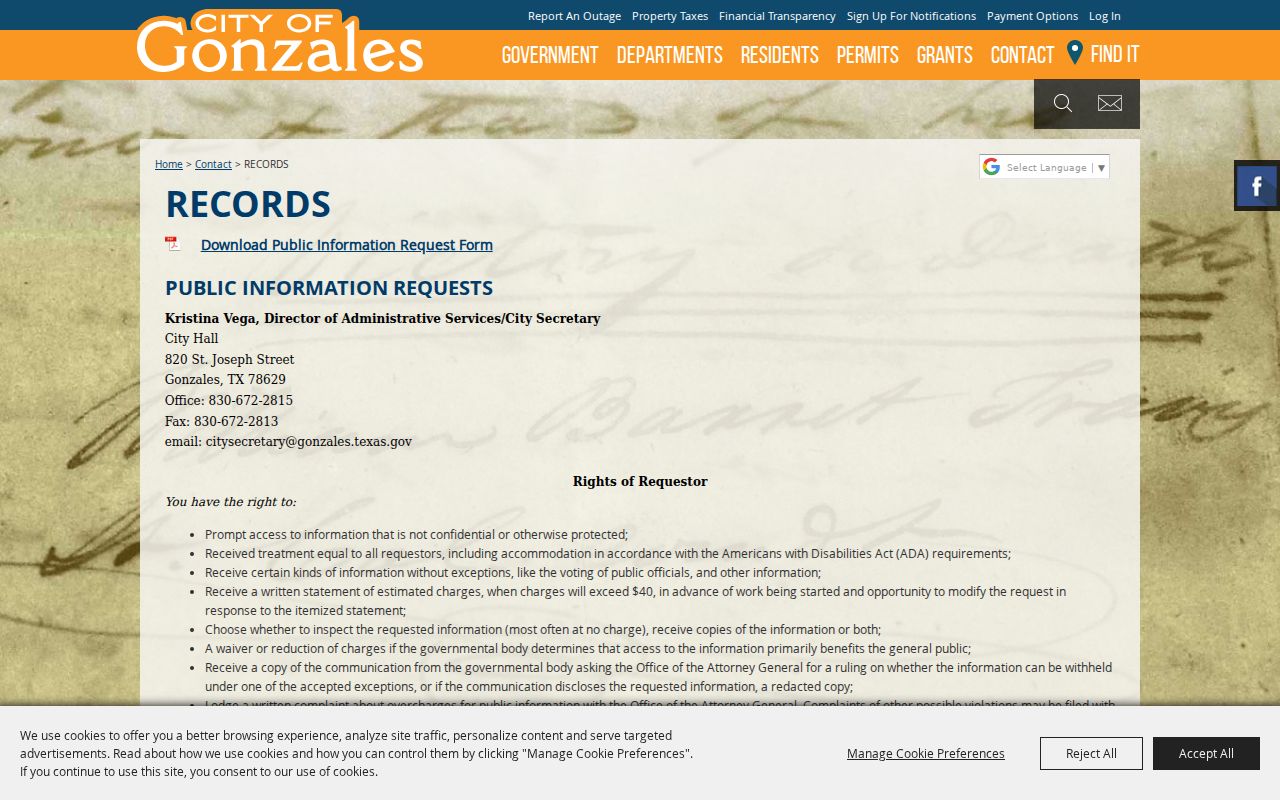 Gonzales criminal records public information request page