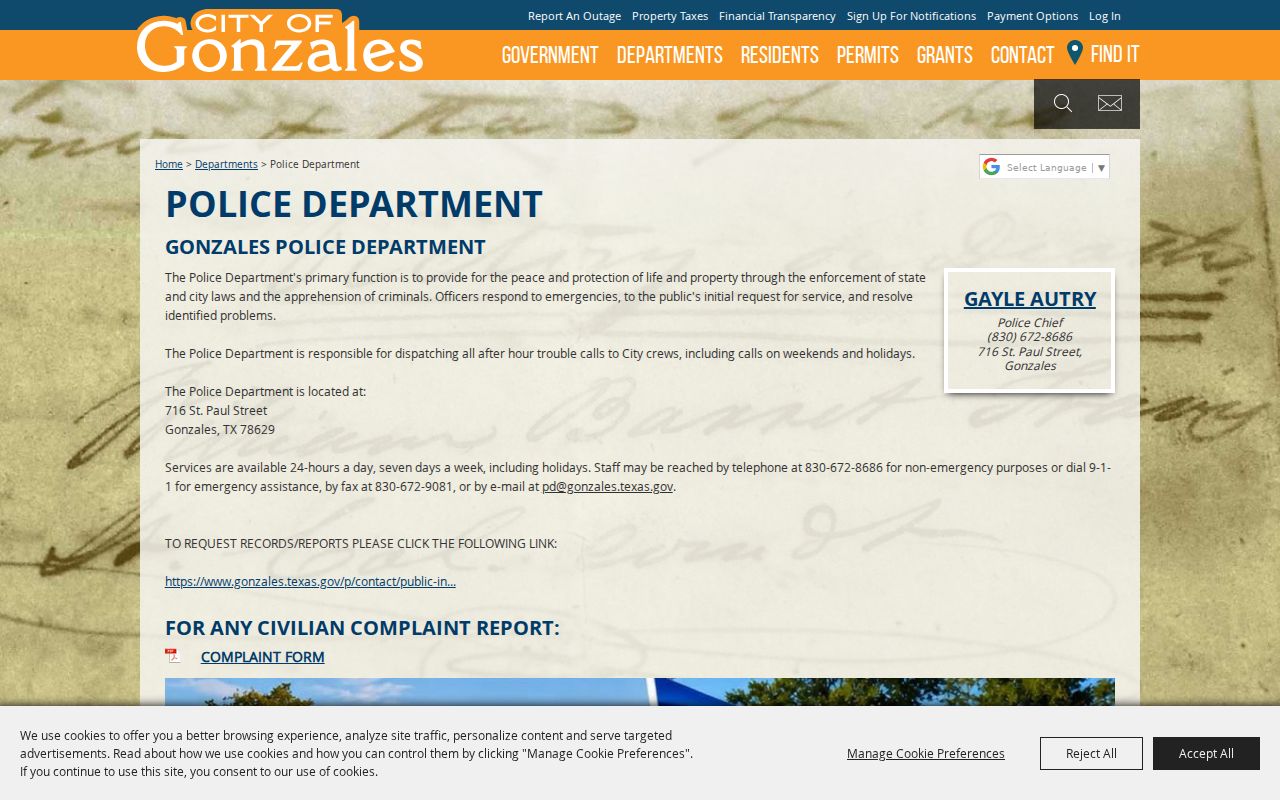 Gonzales criminal records police department contact page