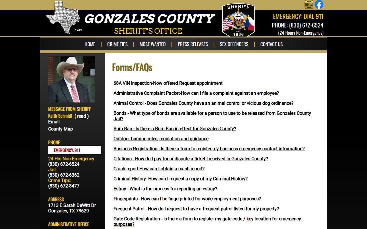 Gonzales County sheriff record request, fingerprint, bond, crash, and warrant links
