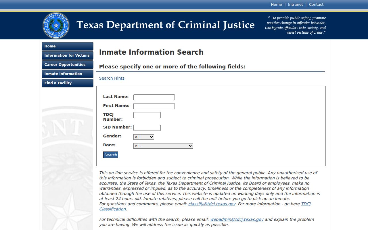 Gonzales County Texas Department of Criminal Justice online inmate search fields