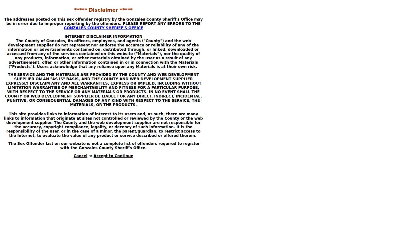 Gonzales County sex offender local registry warning